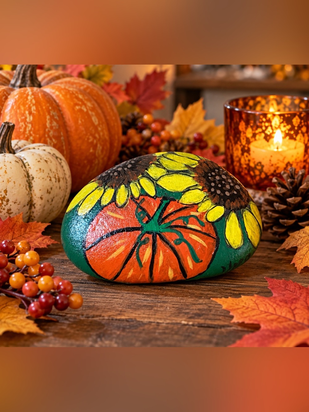 Hand crafted painted pumpkin rock stone Fall sunflowers yellow green orange